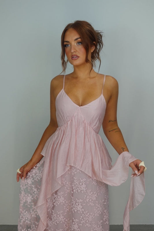 Robe longue bohème dentelle - rose