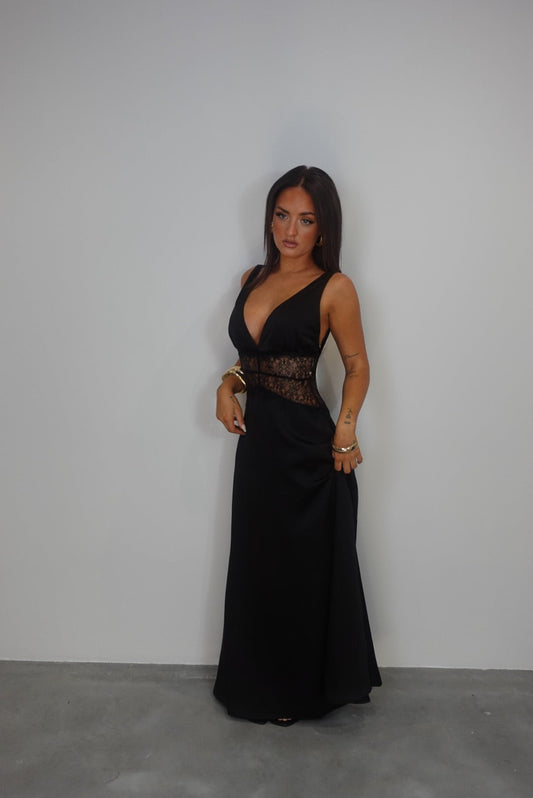 Robe satinée dentelle - Noire